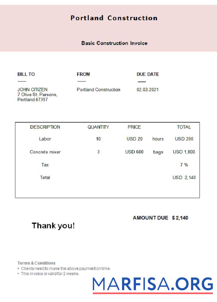 Blank USA Portland Construction invoice template